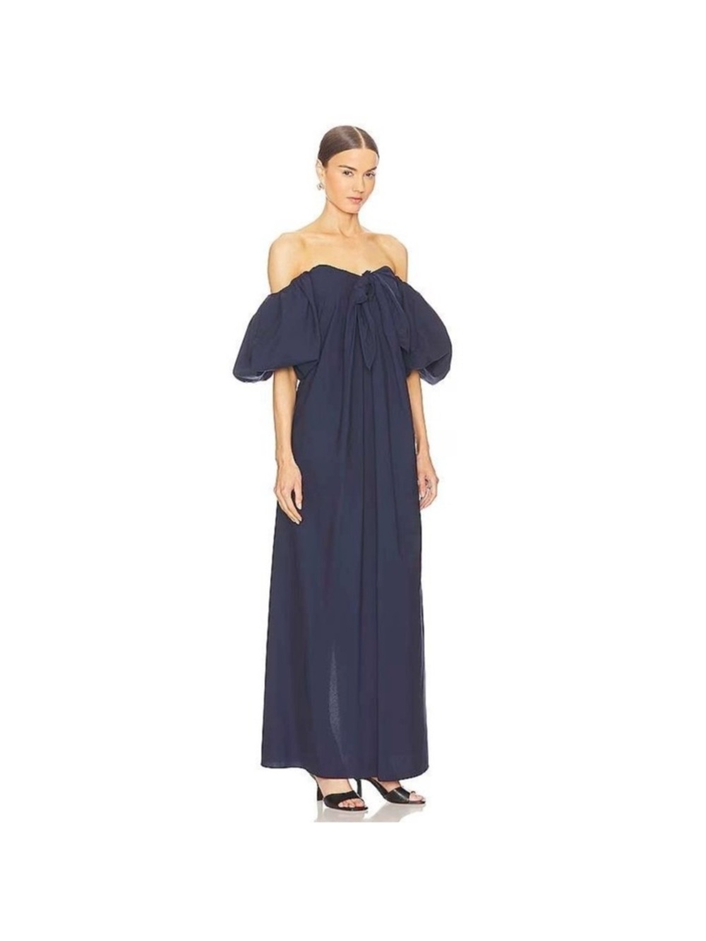 Caroline Constas Navy Off-Shoulder Puff-Sleeve Maxi Dress with Front Tie